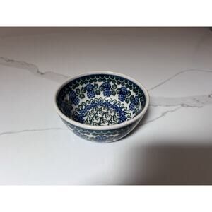 Vintage Polish Pottery Hand Painted Bowl Blue Green Grapevine Boleslawiec 4.75”